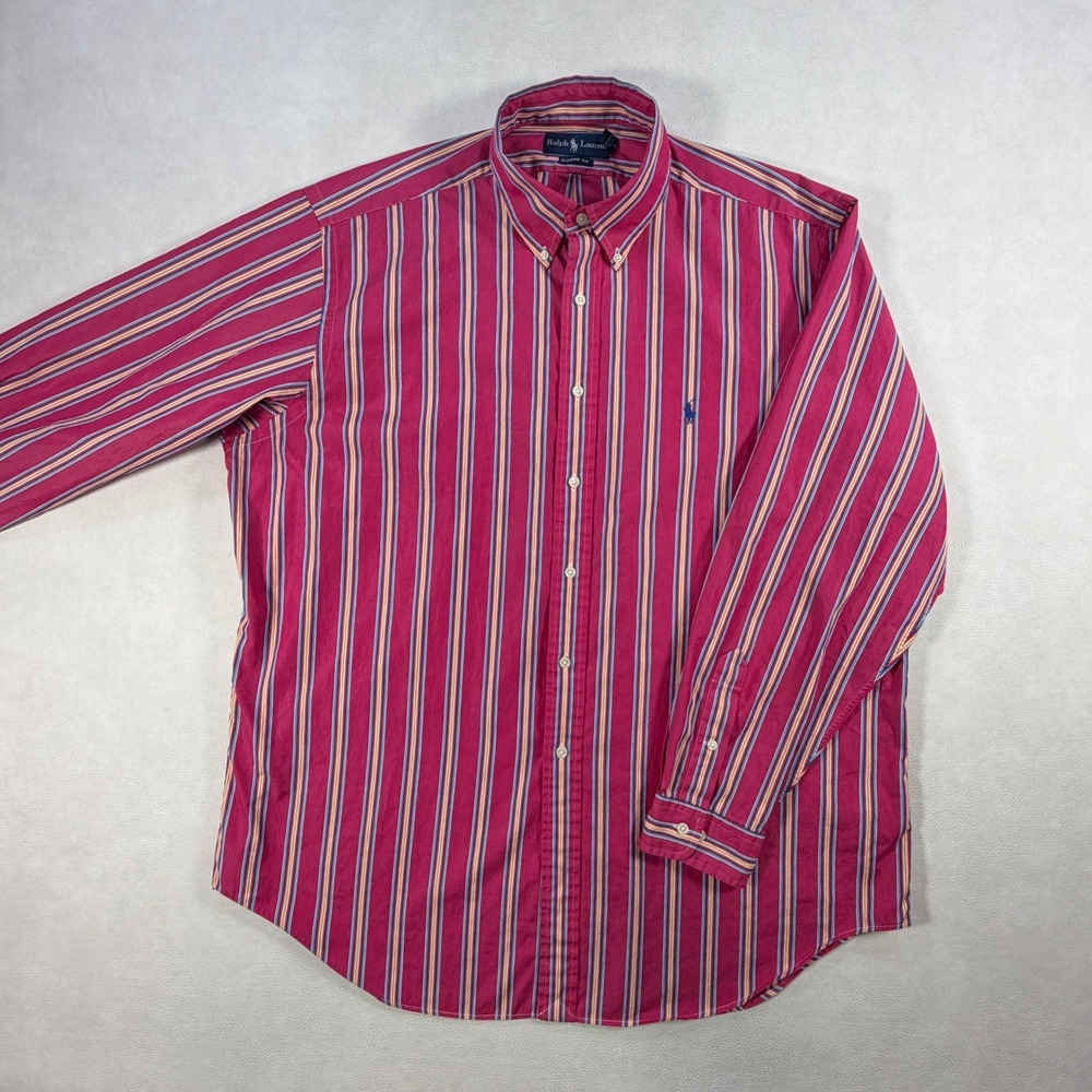 Ralph Lauren Mens XL 17.5 Classic Fit Button Down Shirt Pink Retro Stripe